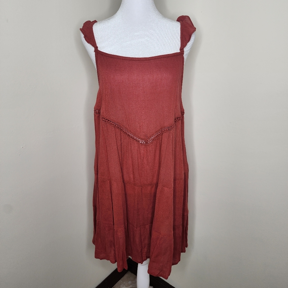 Moral Fiber Rust Ruffle Strap Lace-up Back Gauzy Lightweight Mini Dress Med Boho